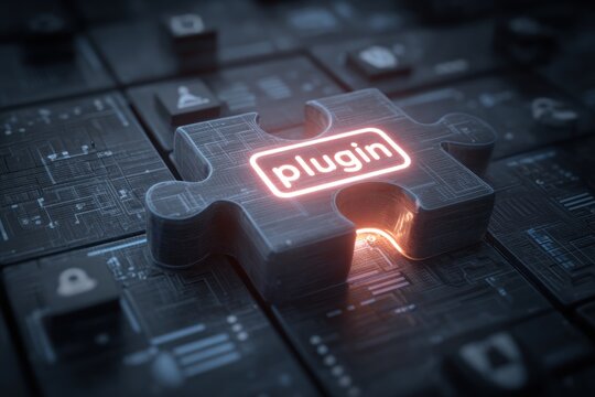 Dark tech puzzle piece, glowing "plugin" word