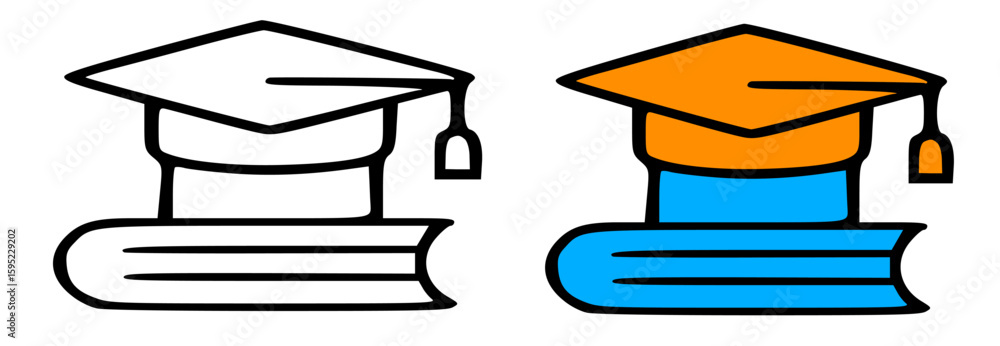 Poster graduation cap atop a book; a simple graphic in two color schemes.
