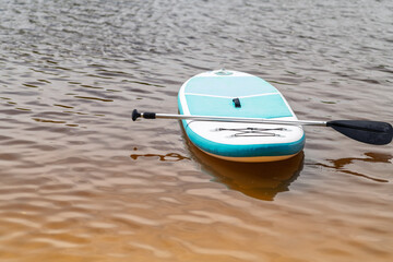 A SUP board lies in the water near the shore.