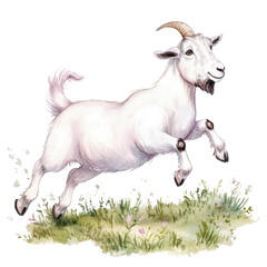 Obraz premium Playful White Goat with Curved Horns Jumping Over Grass Bright Watercolor Illustration