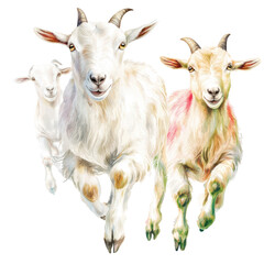 Fototapeta premium Group of three colorful goats running toward the camera with expressive faces and detailed fur