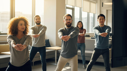 Multicultural coworkers stretching together during a wellness break in a modern office lounge