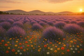 Enchanting lavender field with wildflower meadow creating purple and gold landscape during golden hour photography