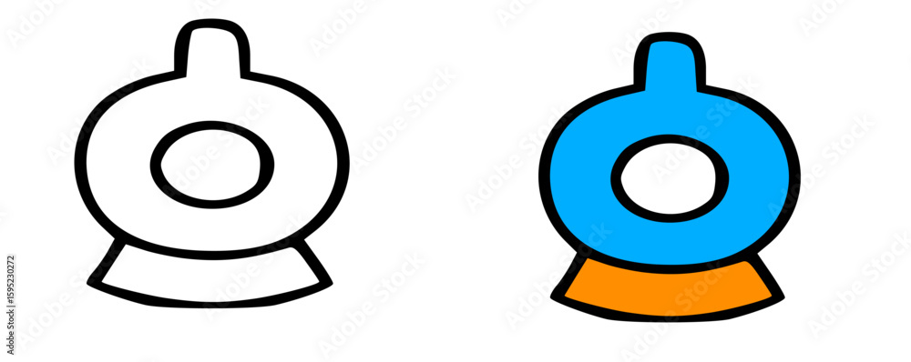 Poster colored and uncolored stylized circular object with a base.