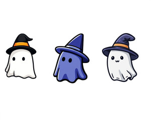 Cute, kawaii ghost with a witch hat, a simple vector illustration on transparent background