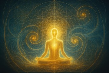 Enlightened spiritual figure meditating within sacred geometry mandala patterns with ethereal energy fields and divine consciousness