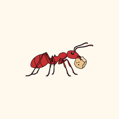 A cartoon ant, colored red, carrying a piece of food, ready to work.