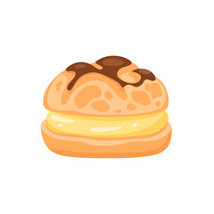 Cream puff pastry with vanilla custard filling and chocolate drizzle topping.