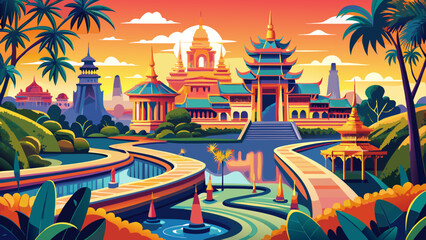 Fototapeta premium Phnom Penh, Cambodia – Royal palaces and tree-lined boulevards flow beside the Mekong, making a vibrant, regal vector composition.