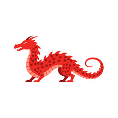 A vibrant red dragon illustration, depicted in a side profile, facing forward.