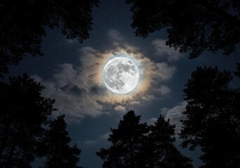 Full moon shines brightly through silhouetted pine trees under a starry sky