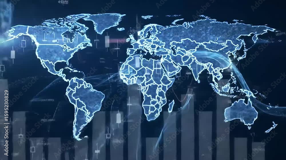 Poster global financial data visualization with a glowing blue world map overlayed with abstract charts and