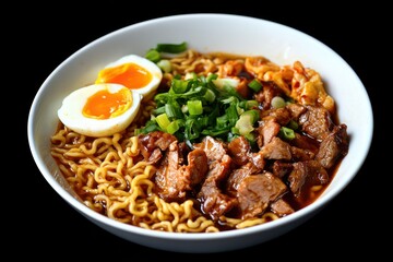 Fototapeta premium Hearty Ramen Noodle Soup with Braised Meat and Soft Cooked Eggs Garnished with Scallions