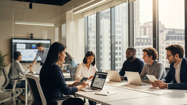 Diverse team collaborating in a high-tech smart office on digital transformation projects