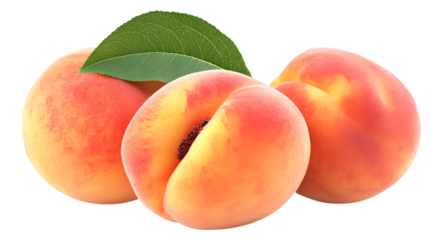Three Fresh Peaches With Leaf Isolated On White Background Close Up