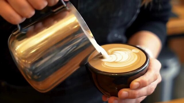 Barista pouring milk art onto a latte in a coffee shop. - Powered by Adobe