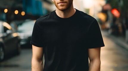 A man wearing a black t shirt standing on a street with cars and lights in the blurry background view