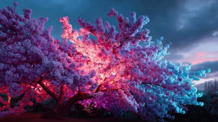 Vibrant Pink and Blue Illuminated Tree at Dusk