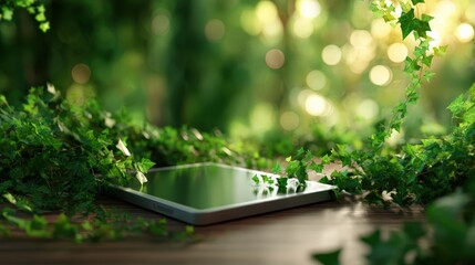 Digital Tablet in Nature Surrounded by Ivy