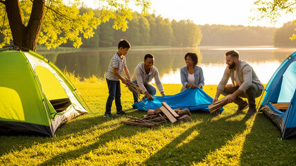 Diverse family bonding while setting up camp by a peaceful forest lake