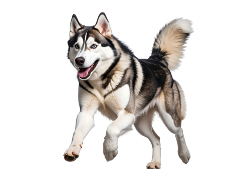 A graceful Siberian Husky captured mid-run with front legs extended and a front-left angle, mouth slightly open, expression focused, isolated on a transparent background for dynamic use