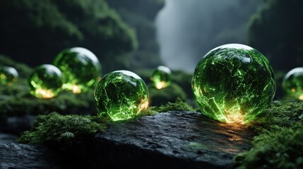 Glowing Green Spheres Resting On Mossy Forest Rocks