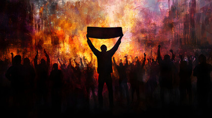 An artistic interpretation of a protest banner being raised high above the crowd, capturing the emotion of the moment.