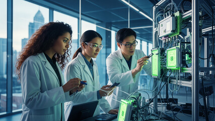 Diverse scientists working on sustainable technology in a futuristic research laboratory