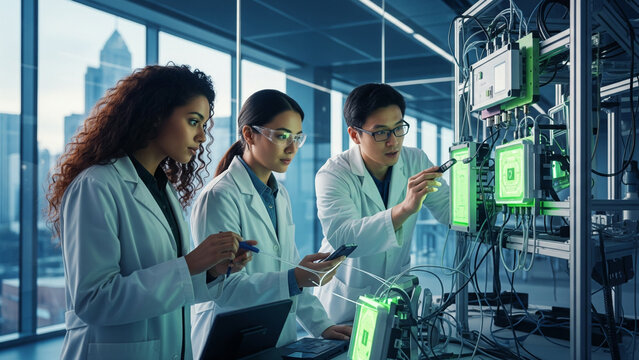 Diverse scientists working on sustainable technology in a futuristic research laboratory