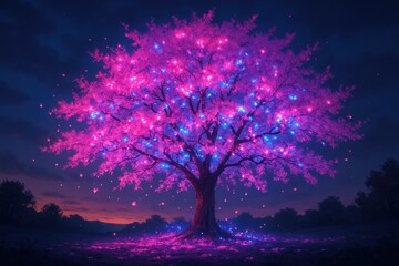 Glowing Fantasy Tree With Pink And Blue Lights At Night