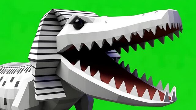 Low-Poly White Crocodile with Open Jaws on Green Screen
