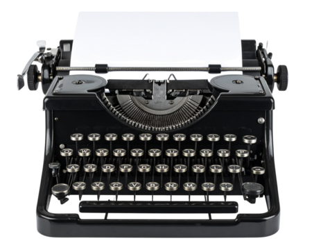 Classic Black Vintage Typewriter with White Paper Inserted, Front View, Transparent Background