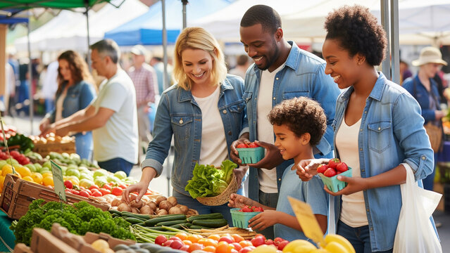 Diverse family shopping for fresh produce at a local farmers market