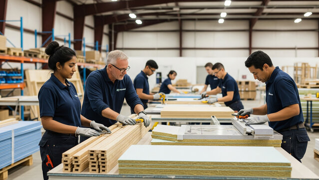Diverse engineering team assembling sustainable materials together in a large warehouse