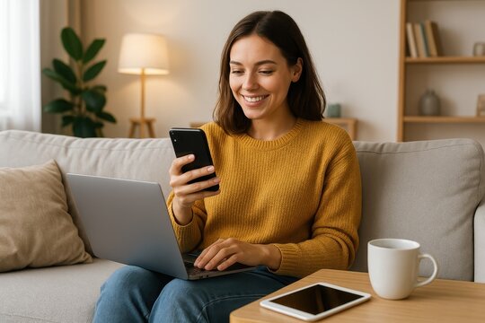 Happy woman engaging with social media on smartphone while relaxing comfortably on modern sofa in stylish home setting