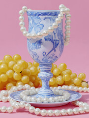 An ornate blue-and-white goblet draped in pearls sits on a plate surrounded by yellow grapes. Luxurious maximalist still life with vintage charm and soft pink backdrop.
