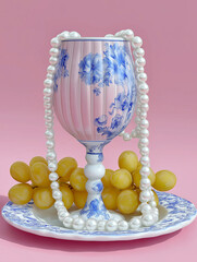 A fluted goblet with floral blue patterns and pearl strands is surrounded by yellow grapes on a matching plate. Vintage porcelain aesthetic with playful luxury vibes.