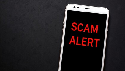 A modern smartphone displaying a bright red notification that reads "Scam Alert" in bold letters, set against a blurred background for emphasis.