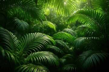 Lush tropical palm fronds creating natural jungle canopy with vibrant green foliage and exotic atmosphere