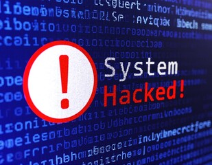 A close-up of a computer screen displaying the bold text "SYSTEM HACK" in a striking green font against a dark background, suggesting cybersecurity themes.