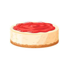 Illustration of a cheesecake with a graham cracker crust and a bright red topping.