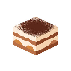 A stylized illustration of a square slice of tiramisu dessert.