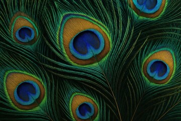 Obraz premium Luxurious peacock feather arrangement with iridescent colors and intricate eye pattern details