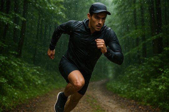 Athletic trail runner navigating forest path during refreshing rain shower with determination and endurance