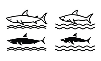 Four hand drawn sharks swimming in wavy water