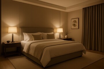 Beautiful modern bedroom interior with elegant furnishings and sophisticated design elements