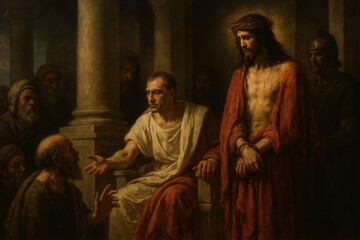 Naklejka premium Biblical scene depicting Pontius Pilate presiding over the trial of Jesus with historical accuracy