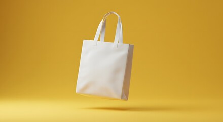 Blank white tote bag floats against a vibrant yellow background.