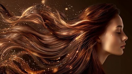 video of Shampoo for hair protection. A wave of brown hair strands with a magical glow and sparkle, showcasing the shine and swirl of the cosmetic product for follicle treatment