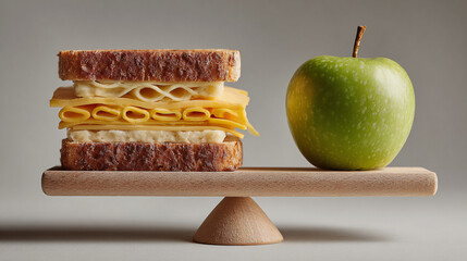 Creative Food Combination: Mac & Cheese Sandwich and Fresh Apple. This visual can evoke themes of modern eating habits, contrasting textures, or simply a fun, indulgent meal.
